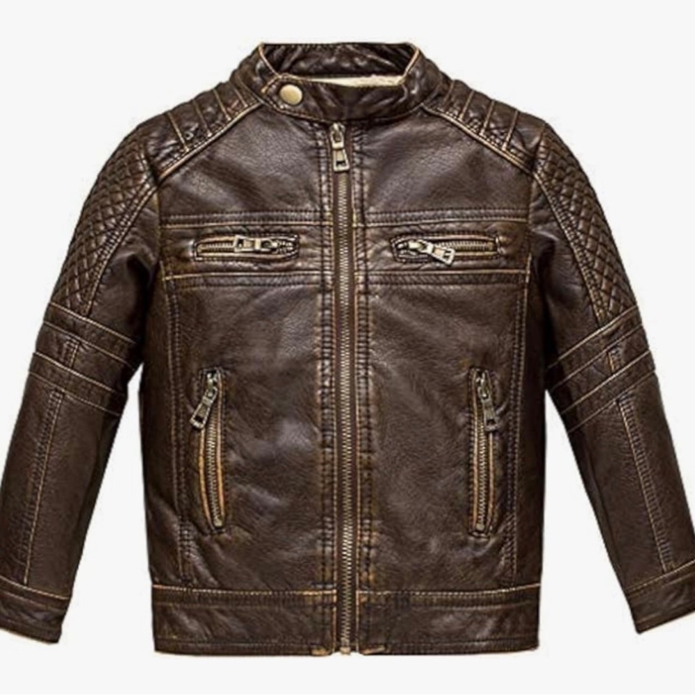 Kids Brown Faux Leather Moto Jacket Brass Zippers Quilted Shoulders UNISEX 11/12